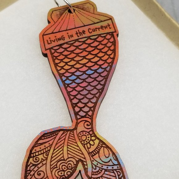 Mermaid Design II  Hand-painted  Solid Cherry Wood with 925 Sterling Silver Loop - Picture 4 of 6